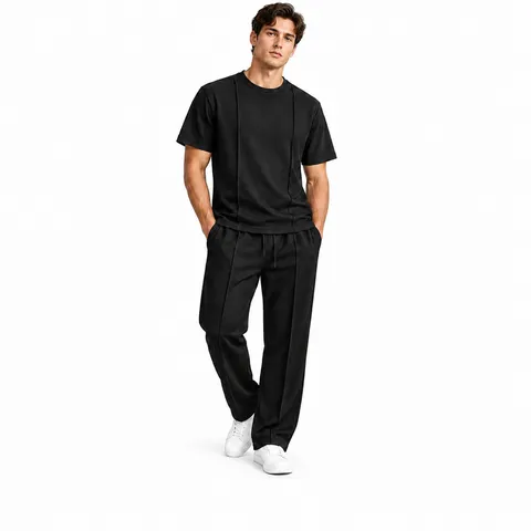 Hommes Été Maille Gaufrée Décontracté Manches Courtes Haut Et Pantalon Long Ensemble Respirant Couleur Unie Tenue Sport