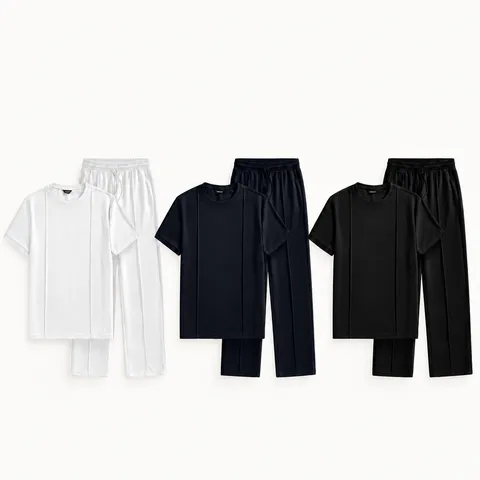 Hommes Été Maille Gaufrée Décontracté Manches Courtes Haut Et Pantalon Long Ensemble Respirant Couleur Unie Tenue Sport