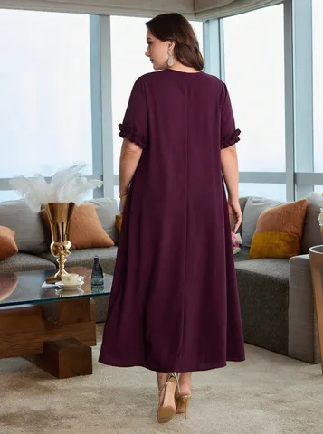 Damen Übergröße Sommer V-Ausschnitt Spitzen-Patchwork Kurzarm Lose Elegantes langes Kleid Casual Einfarbig Maxikleid