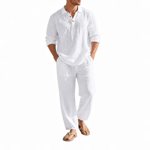 Ensemble Homme Décontracté en Lin Chemise à Manches Longues Revers et Pantalon Couleur Unie Plage Resort Haut et Bas