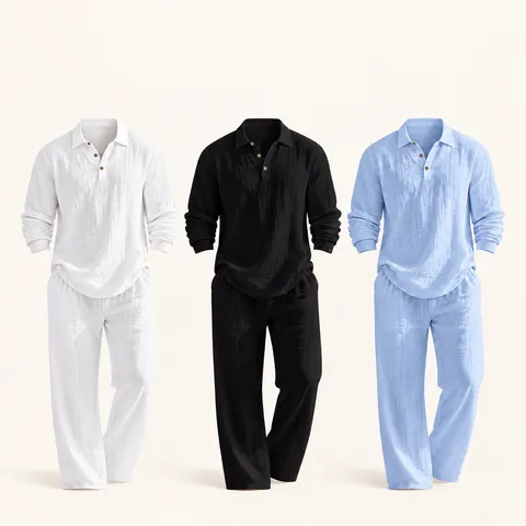 Ensemble Homme Décontracté en Lin Chemise à Manches Longues Revers et Pantalon Couleur Unie Plage Resort Haut et Bas