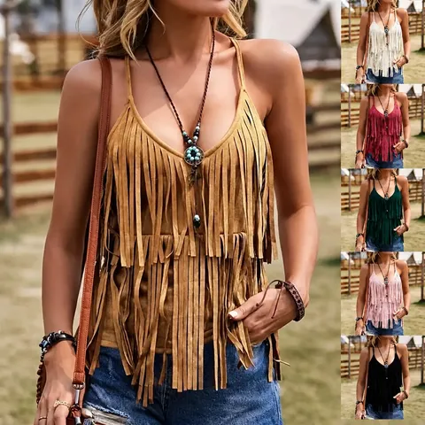 Canotta Sexy Donna Stile Western con Frange in Pelle Scamosciata Spalline Sottili Scollo a V Boho Tinta Unita Slim Fit