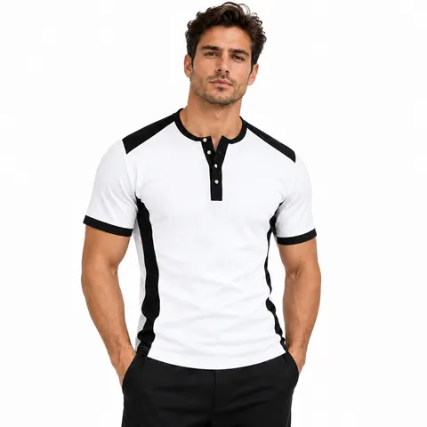 T-Shirt à Manches Courtes d'Été pour Hommes Casual Slim Fit en Mélange de Coton Bloc de Couleur Respirant Col Henley Sport Top