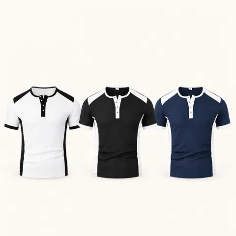 T-Shirt à Manches Courtes d'Été pour Hommes Casual Slim Fit en Mélange de Coton Bloc de Couleur Respirant Col Henley Sport Top