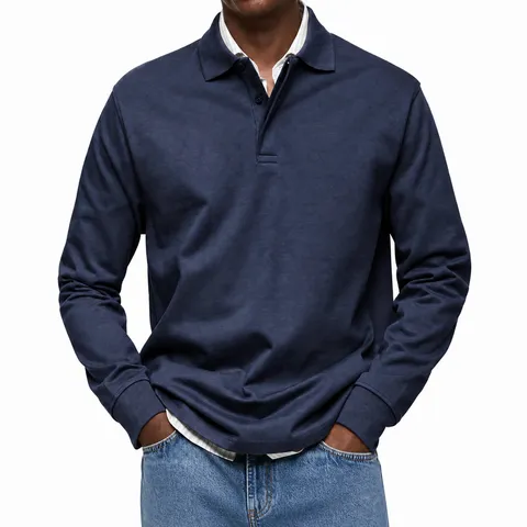 Polo Manches Longues Casual pour Hommes Business Couleur Unie Col Rabattu Coupe Ample Polyester Printemps Automne