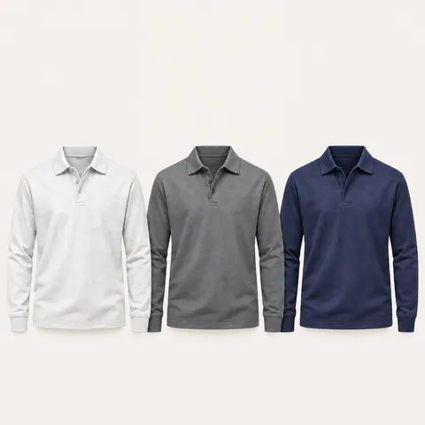 Polo Manches Longues Casual pour Hommes Business Couleur Unie Col Rabattu Coupe Ample Polyester Printemps Automne