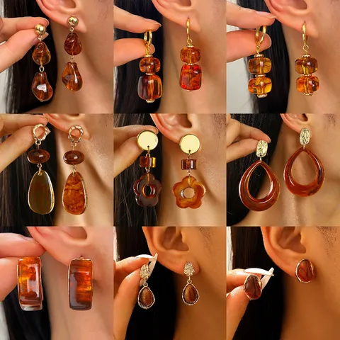 Vintage Acrylic Leopard Petal Tassel Earrings For Women Western Gold Plated Flower Drop Resin Statement Earrings Jewelry Gift