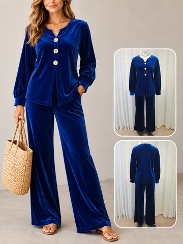 Women Velvet Casual Top And Bottom Two Piece Set V Neck Button Long Sleeve Shirt With Wide Leg Pants Lounge Wear