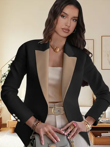 Women Elegant Color Block Lapel Blazer Jacket Slim Fit Long Sleeve Business Office Professional Work Wear Outerwear Coat