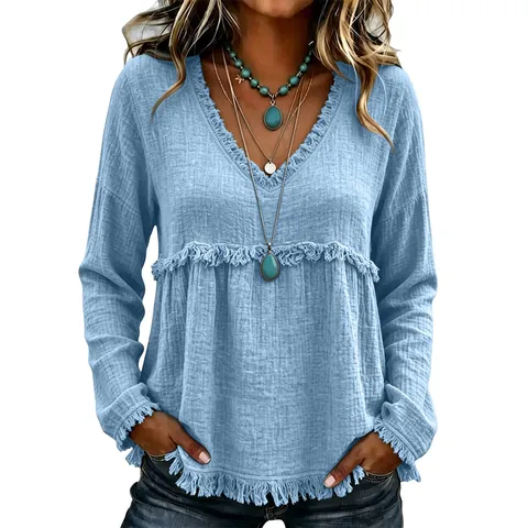 T-Shirt à Manches Longues et Col en V Pour Femmes Bordure à Franges Top Ample Décontracté en Polyester Couleur Unie Épissage