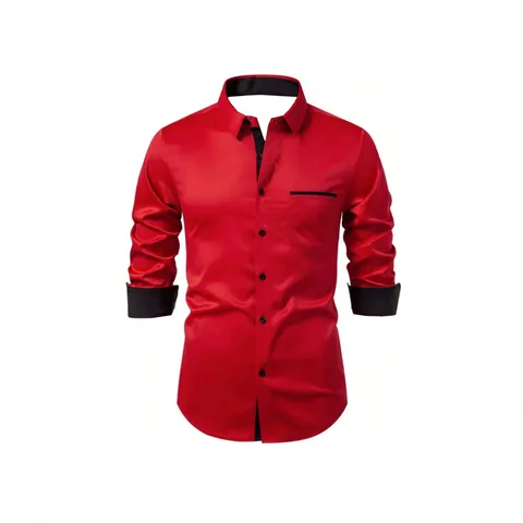 Men's Fashion Slim Fit Long Sleeve Shirt Patchwork Business Casual Lapel Button Up Top Polyester Printed Breathable Shirt