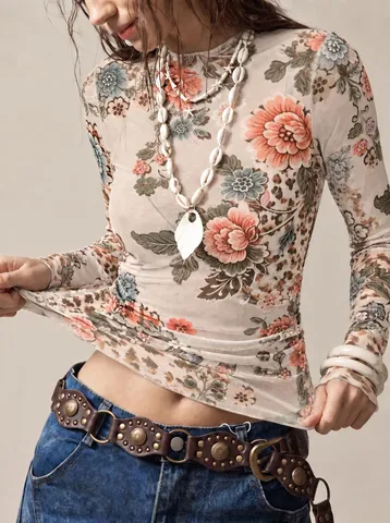 Women Sexy Sheer Mesh Floral Leopard Print Long Sleeve T-Shirt Mock Neck Slim Fit Streetwear Retro Clubwear Top