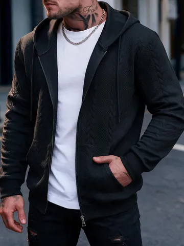 Men's Casual Solid Color Jacquard Full-Zip Hooded Sweatshirt Jacket Long Sleeve Fashion Sportswear Top