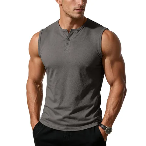 Men's Summer Sport Gym Tank Top Sleeveless Solid Color Henley Neck T-Shirt Cotton Breathable Athletic Vest Top
