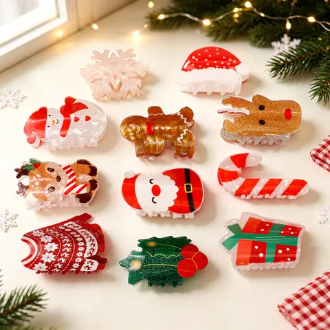 Fermaglio per Capelli Cartone Animato di Natale Acrilico Fiocco di Neve Omino di Pan di Zenzero Babbo Natale Accessorio Festivo per Donne