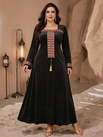 Damen Plus Size Samt Robe Rot Gold Bestickt Eckiger Ausschnitt Quaste Maxi Kleid Langarm Bankett Abendkleid