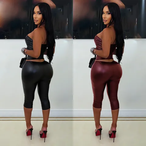 Sexy Women Polyester Faux Leather Tube Top And Slim Fit Pants Set Patchwork Solid Color Hot Girl Clubwear Top And Bottom