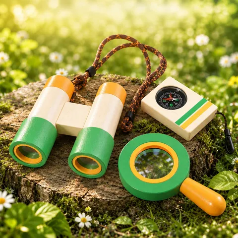 Kids Wooden Outdoor Adventure Toy Set Binoculars Magnifying Glass Compass Simulation Pretend Play Exploration Toys For Children