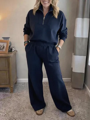 Women's Casual Knitted Tracksuit Half Zip Sweatshirt Top And Wide Leg Pants Loungewear For Autumn Winter Home Daily Wear