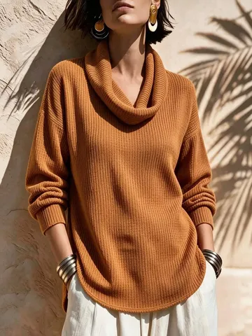 Women's Cowl Neck Long Sleeve T-Shirt Loose Fit Curved Hem Knitted Top Polyester Spandex Casual Solid Color Autumn Basic Tee