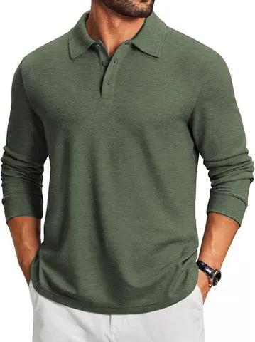 Men's Casual Long Sleeve Polo Shirt Solid Color Cotton Knitted Top Business Slim Fit Fall Winter Fashion Basic Pullover