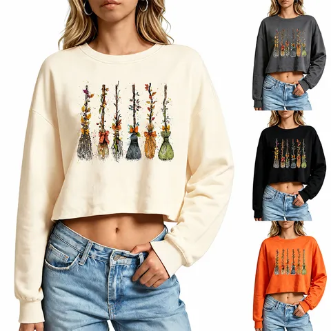Sudadera Corta para Mujer Mezcla de Algodón y Poliéster Estampado Gráfico Cuello Redondo Manga Larga Corte Holgado Informal Moda Top