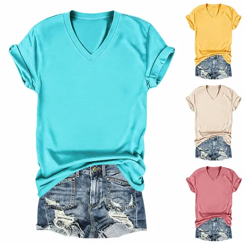 Women Casual Cotton Blend V-Neck T-Shirt Beach Mode Sun Sea Graphic Short Sleeve Loose Summer Top