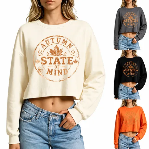 Sudadera Corta para Mujer Autumn State Of Mind con Estampado de Letras Casual de Mezcla de Algodón Cuello Redondo Manga Larga