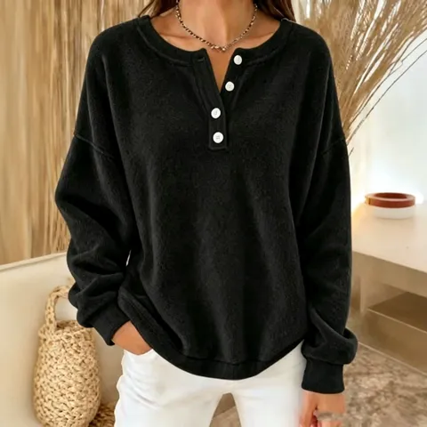 Sudadera de Felpa Casual para Mujer Pullover Cuello Henley Botón Manga Larga Top Holgado Suave Cómodo Color Sólido Cálido