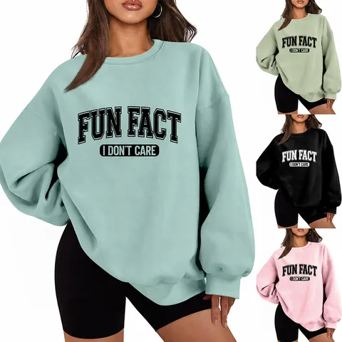 Felpa Girocollo Casual da Donna Stampa Lettere Fun Fact I Don't Care Misto Viscosa Poliestere Maglione Spesso per Autunno Inverno