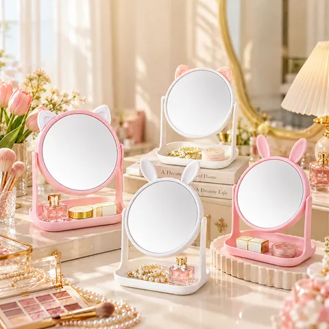 Miroir de Maquillage de Bureau Mignon Oreille de Chat Pivotant Simple Face Haute Définition Avec Plateau de Rangement Décor