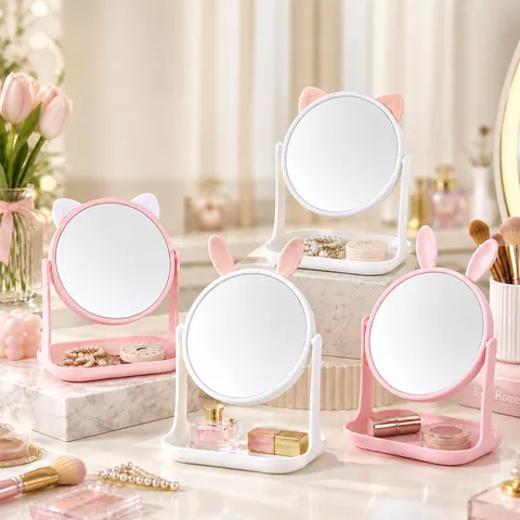 Süßer Katzenohr Desktop Make-up Spiegel Drehbar Einseitig High Definition Spiegel Mit Aufbewahrungsschale Schminktisch Deko