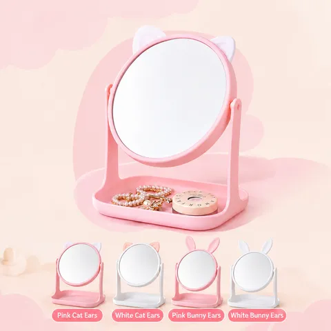 Süßer Katzenohr Desktop Make-up Spiegel Drehbar Einseitig High Definition Spiegel Mit Aufbewahrungsschale Schminktisch Deko