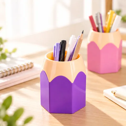 Creative Pencil Shaped Desk Organizer Multi-functional Color Block Plastic Pen Holder For Student Office Desktop Stationery Storage