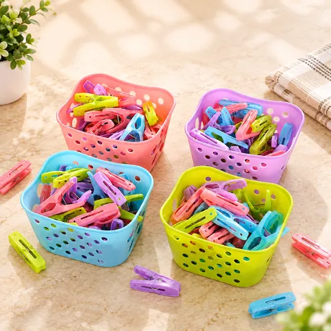 Windproof Plastic Clothes Pegs Set With Portable Storage Basket Macaron Colorful Laundry Clips For Socks Towels Home Daily Use
