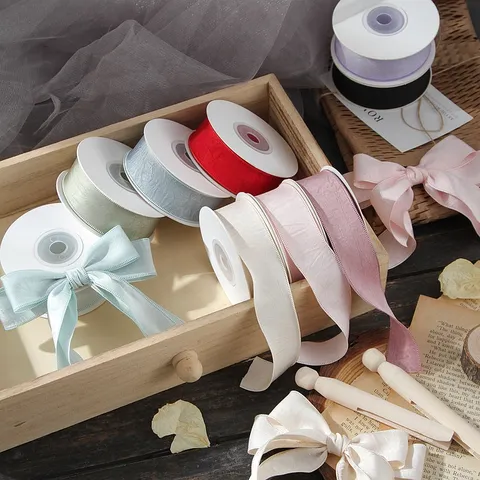 Double Sided Wrinkled Satin Ribbon Polyester Silk Webbing For DIY Hair Bow Material Bouquet Gift Wrap For Sewing Decoration