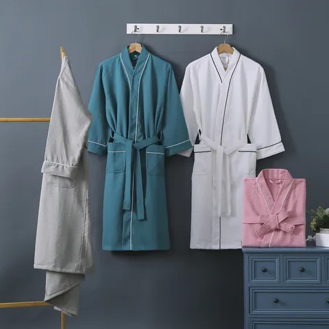 Puur Katoen Wafel Badjas Dames Heren Zomer Dun Sneldrogend Absorberend Ochtendjas Casual Thuis Spa Nachthemd Met Riem Zak