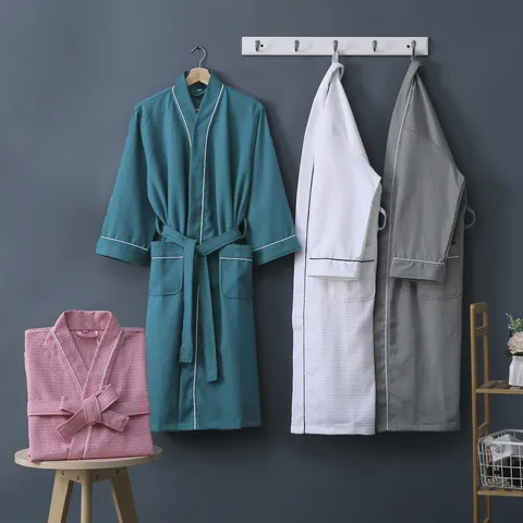 Puur Katoen Wafel Badjas Dames Heren Zomer Dun Sneldrogend Absorberend Ochtendjas Casual Thuis Spa Nachthemd Met Riem Zak
