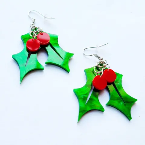 Weihnachts Stechpalmenblatt Beeren Ohrringe Acryl Grün Rot Festlicher Schmuck Feiertag Geschenk Damen