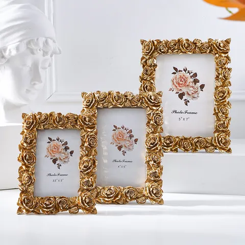 European Retro Resin Photo Frame Rose Flower Embossed Tabletop Picture Frame Vintage Decorative Desktop Art Display Frame