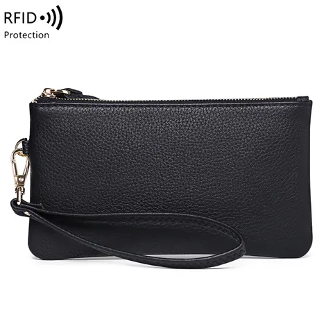 Women Genuine Cowhide Leather Long Wallet RFID Blocking Lychee Pattern Zip Around Clutch Bag With Wristlet Strap