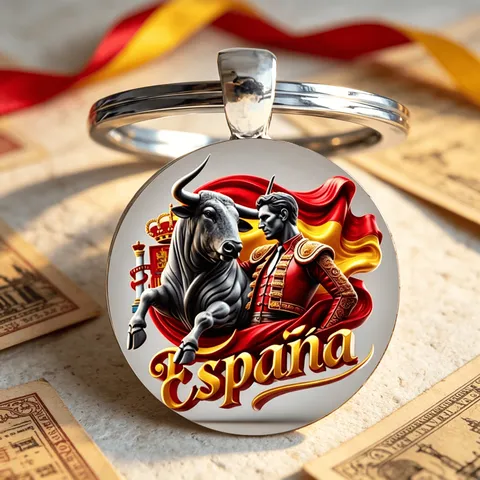 Spanje Matador Stier Ronde Glazen Sleutelhanger Legering Hanger Spaans Wapen Souvenir Sleutelring Voor Auto Tas Unisex Sieraden