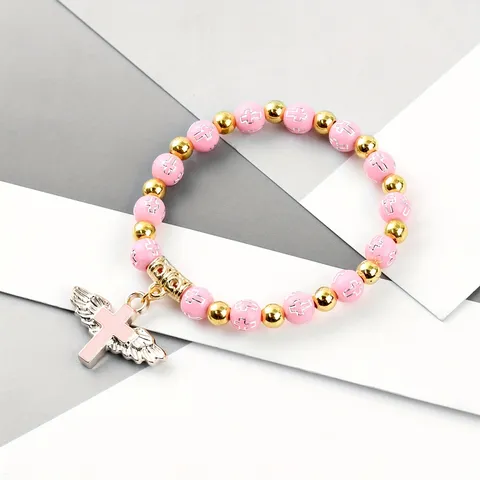 Vintage Acrylic Beads Cross Bracelet With Angel Wings Enamel Pendant Unisex Fashion Beaded Hand Chain For Daily Jewelry Gift