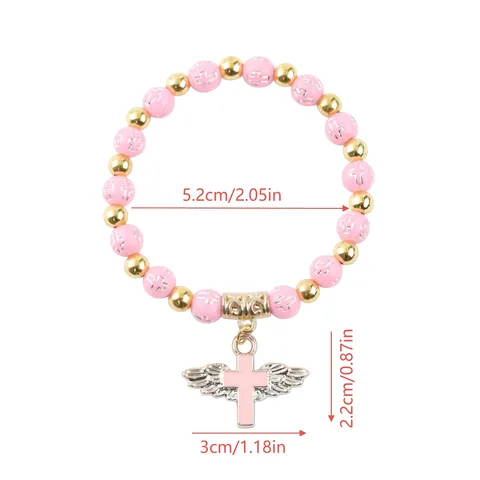 Vintage Acrylic Beads Cross Bracelet With Angel Wings Enamel Pendant Unisex Fashion Beaded Hand Chain For Daily Jewelry Gift