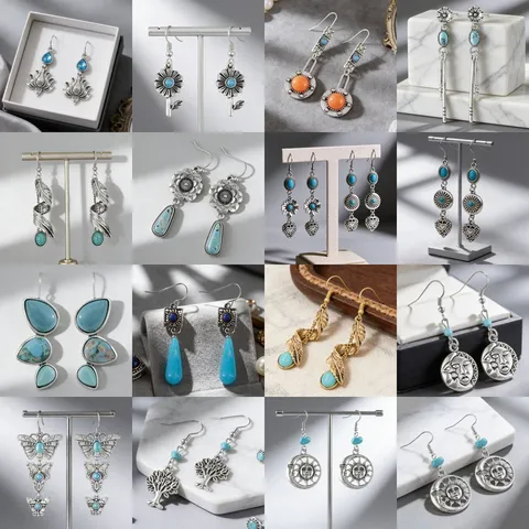 Μποέμ Έθνικ Σκουλαρίκια Τυρκουάζ Βίντατζ Διάτρητο Κράμα Σκουλαρίκια για Γυναίκες Ρετρό Ασημένια Κοσμήματα