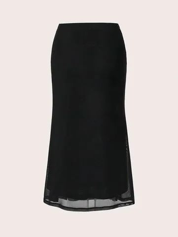 Women High Waist Bodycon Maxi Skirt Mesh Patchwork Elegant Slim Fit Polyester Midi Skirt Summer Solid Color Skirt For Women