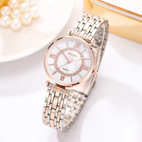 Women Fashion Quartz Watch Stainless Steel Alloy Band Rhinestone Starry Dial Elegant Ladies Wristwatch Slim Analog Timepiece For Gift