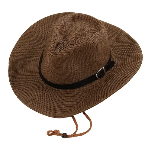 Western Cowboy Hat For Men Women Straw Sun Hat Wide Brim Beach Fedora Summer Jazz Hat With Belt Adjustable Wind Rope