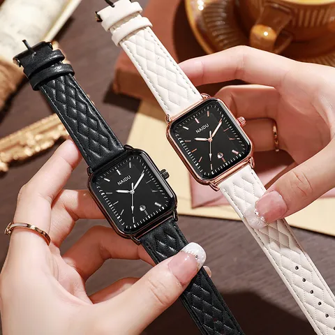 Elegant Women Square Quartz Watch With Quilted PU Leather Strap Date Calendar Alloy Case Fashion Casual Office Wristwatch