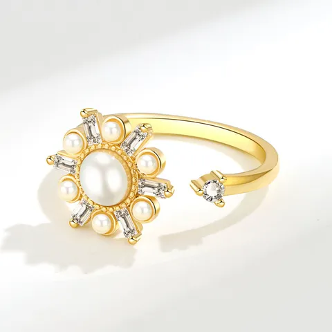 Elegant Rotating Copper Flower Ring For Women Artificial Pearl Rhinestone Adjustable Anxiety Relief Spinner Ring Fashion Hand Jewelry